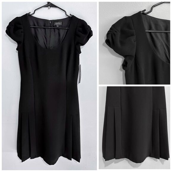 Tahari Size 2 Pleated Detail Puff Sleeves Black Juan Midi Dress NWT - Picture 1 of 11